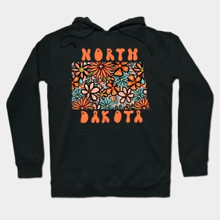 North Dakota State Design | Artist Designed Illustration Featuring North Dakota State Outline Filled With Retro Flowers with Retro Hand-Lettering Hoodie